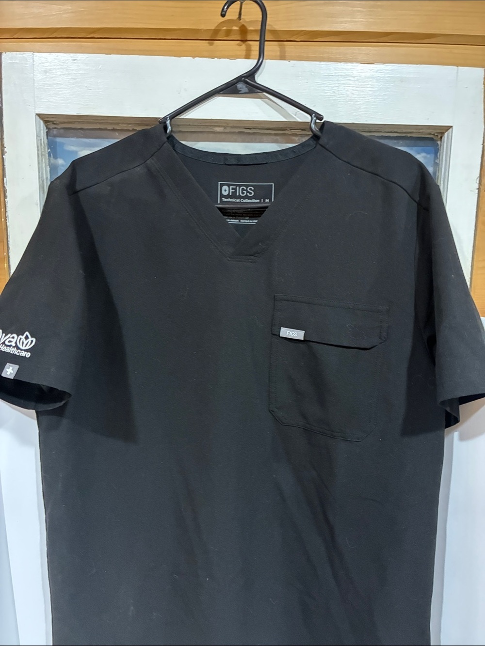 Figs Black V-Neck Short Sleeve Scrub Top with Chest Pocket